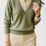 Camila | Damen V-Ausschnitt Polo-Kragen Pullover mit Knopfärmeln