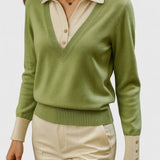 Camila | Damen V-Ausschnitt Polo-Kragen Pullover mit Knopfärmeln