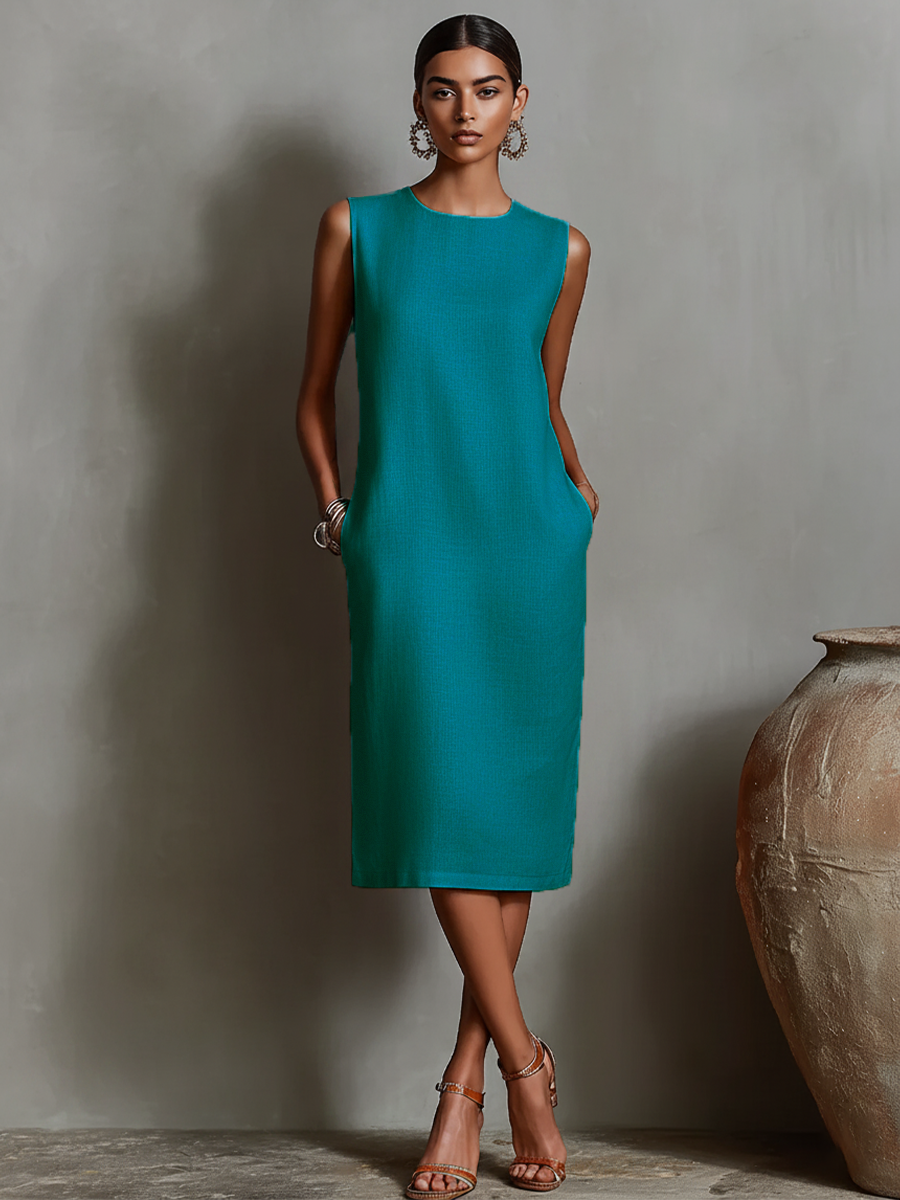 Orangefarbenes Etuikleid für Damen mit ärmellosem Rundhalsausschnitt und Seitentaschen, zeitlos minimalistisch-eleganter Stil