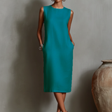 Orangefarbenes Etuikleid für Damen mit ärmellosem Rundhalsausschnitt und Seitentaschen, zeitlos minimalistisch-eleganter Stil